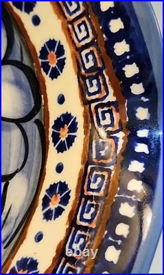 Vtg Rare Polish Pottery Unikat Pedestal Bowl Blue Heaven Floral Fluted Rim 7.5T