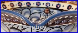 Vtg Rare Polish Pottery Unikat Pedestal Bowl Blue Heaven Floral Fluted Rim 7.5T