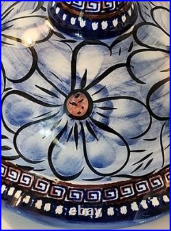 Vtg Rare Polish Pottery Unikat Pedestal Bowl Blue Heaven Floral Fluted Rim 7.5T