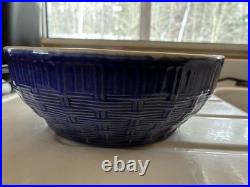 Vtg Stoneware Basketweave Blue Serving Bowl-9