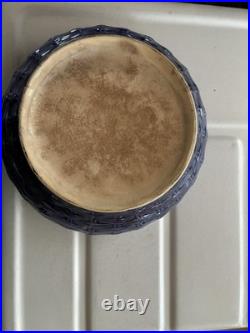 Vtg Stoneware Basketweave Blue Serving Bowl-9