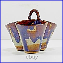 Vtg Studio Art Pottery Triple Dish 8 Handle Stoneware Glaze Collector Rare USA