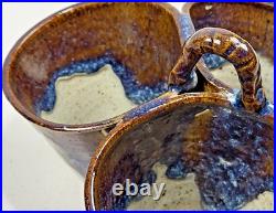 Vtg Studio Art Pottery Triple Dish 8 Handle Stoneware Glaze Collector Rare USA