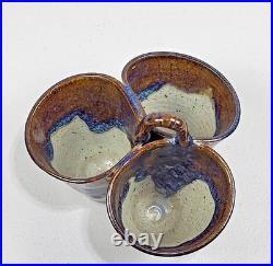 Vtg Studio Art Pottery Triple Dish 8 Handle Stoneware Glaze Collector Rare USA