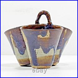 Vtg Studio Art Pottery Triple Dish 8 Handle Stoneware Glaze Collector Rare USA