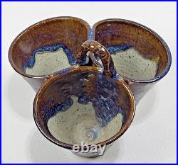 Vtg Studio Art Pottery Triple Dish 8 Handle Stoneware Glaze Collector Rare USA