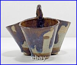 Vtg Studio Art Pottery Triple Dish 8 Handle Stoneware Glaze Collector Rare USA