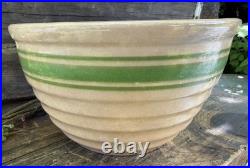 Vtg Super Stained Beehive Yellowware Stoneware Mixing Bowl Green Stripes