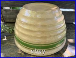 Vtg Super Stained Beehive Yellowware Stoneware Mixing Bowl Green Stripes