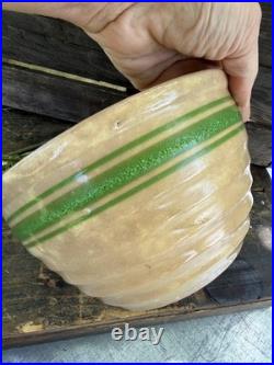 Vtg Super Stained Beehive Yellowware Stoneware Mixing Bowl Green Stripes