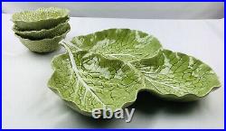 Vtg-bordallo Pinheiro Portugal-cabbage Leaf Pottery-handmade-server & 3 Bowls