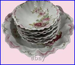 Weimar Porcelain 7 Pc Scalloped Bowls Set Roses Gold Trim Germany Vintage VTG