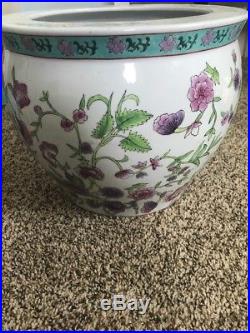 X-LARGE Vtg Asian/Oriental Koi Fish Bowl JARDINIERE Hand Painted Floral Planter