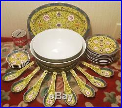 YELLOW! Vtg chinese dinnerware plate serving tray bowl spoon porcelain pottery