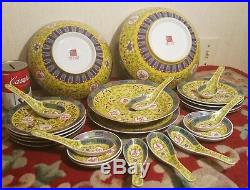 YELLOW! Vtg chinese dinnerware plate serving tray bowl spoon porcelain pottery