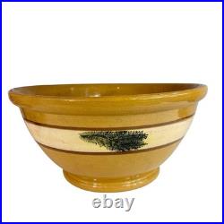Yellow Mocha Ware Dough Bowl LARGE 14 w Green Seaweed Antique Vintage Pedestal