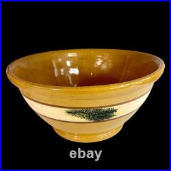 Yellow Mocha Ware Dough Bowl LARGE 14 w Green Seaweed Antique Vintage Pedestal