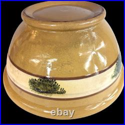 Yellow Mocha Ware Dough Bowl LARGE 14 w Green Seaweed Antique Vintage Pedestal