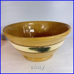 Yellow Mocha Ware Dough Bowl LARGE 14 w Green Seaweed Antique Vintage Pedestal