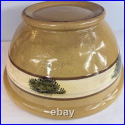 Yellow Mocha Ware Dough Bowl LARGE 14 w Green Seaweed Antique Vintage Pedestal