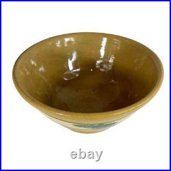Yellow Mocha Ware Dough Bowl LARGE 14 w Green Seaweed Antique Vintage Pedestal