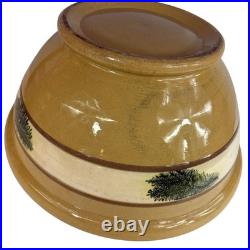 Yellow Mocha Ware Dough Bowl LARGE 14 w Green Seaweed Antique Vintage Pedestal