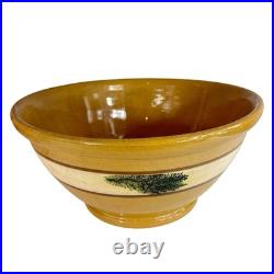Yellow Mocha Ware Dough Bowl LARGE 14 w Green Seaweed Antique Vintage Pedestal