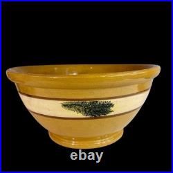 Yellow Mocha Ware Dough Bowl LARGE 14 w Green Seaweed Antique Vintage Pedestal